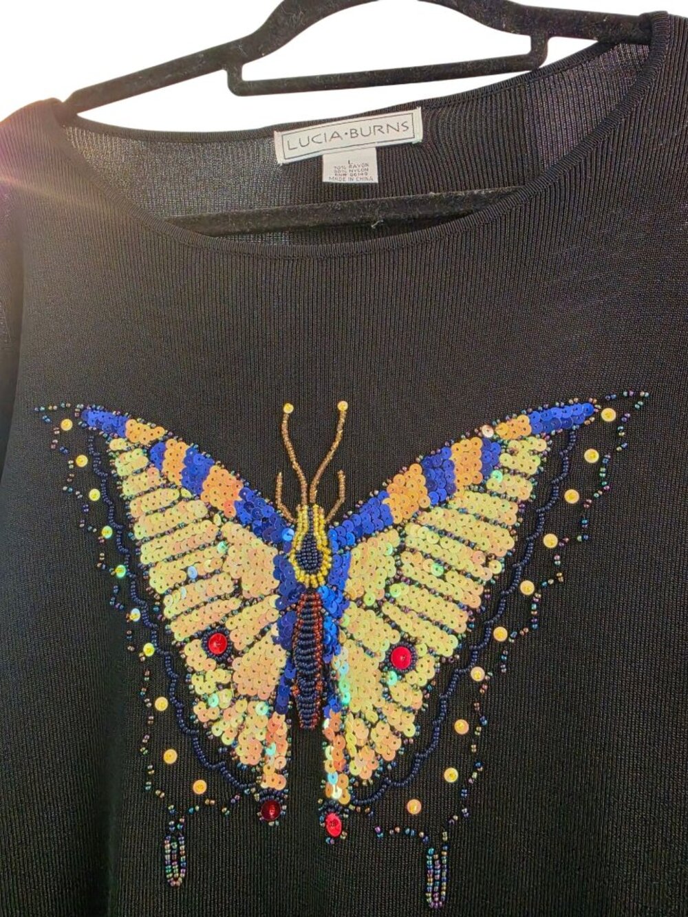 VTG Lucia Burns Sequin Beaded Butterfly Top Black Knit Sweater L
